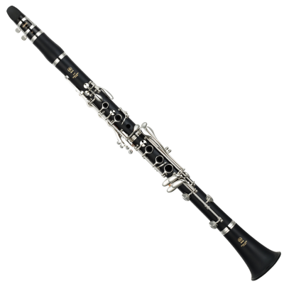 Clarinete preto com detalhes metálicos prateados