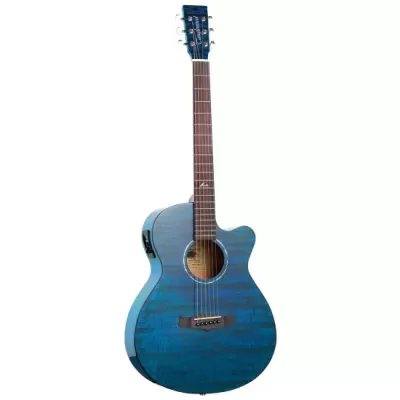 Guitarra acústica azul com corte, corpo em madeira e seis cordas