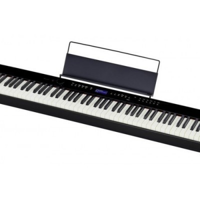 Piano digital preto com teclas e suporte de partituras