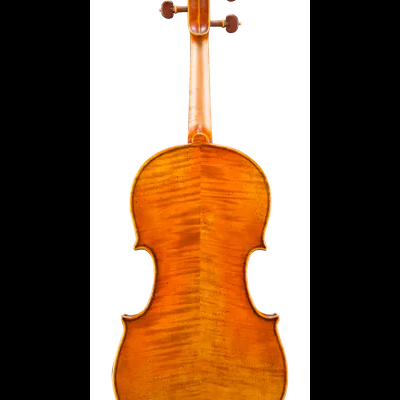 Violino castanho-avermelhado visto de trás com tarraxas de madeira