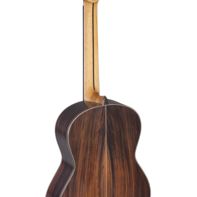 Guitarra clássica de madeira escura vista pela traseira.