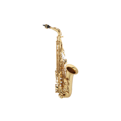 Saxofone tenor dourado com teclas e boquilha preta em fundo branco