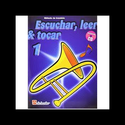 Livro de método de trombone com trombone amarelo e texto em fundo roxo