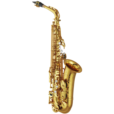 Saxofone tenor dourado com teclas metálicas e boquilha preta