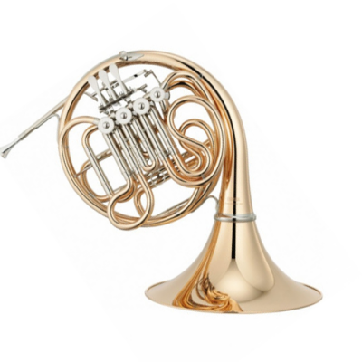 Trompa francesa dourada com válvulas sobre fundo branco