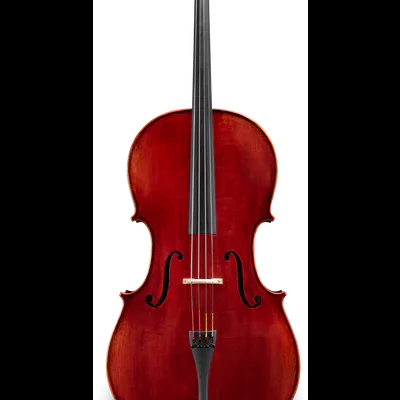 Violoncelo de madeira vermelha com quatro cordas e cravelhas pretas