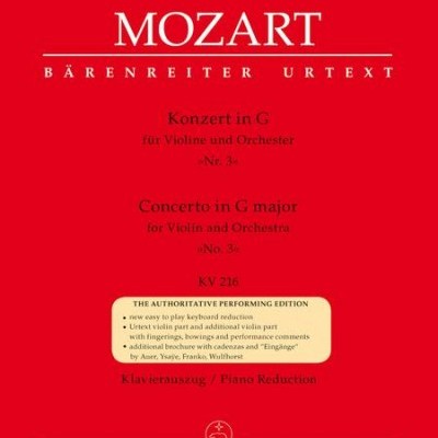 Capa vermelha da partitura de Mozart com títulos e detalhes editoriais em branco e preto