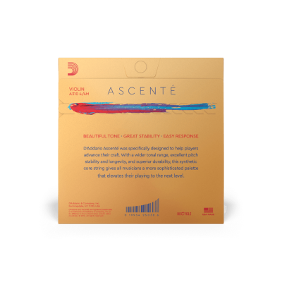 Embalagem de cordas para violino D'Addario Ascenté com texto informativo e código de barras