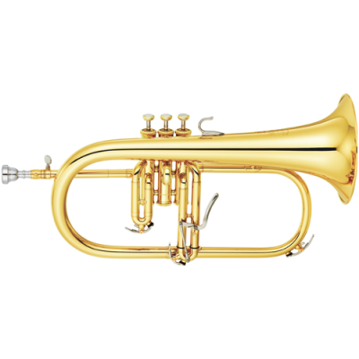 Instrumento musical flugelhorn dourado com três válvulas e bocal prateado