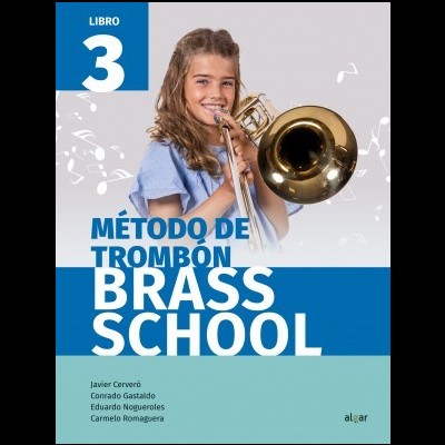 Capa do livro Método de Trombon Brass School com menina a tocar trombone