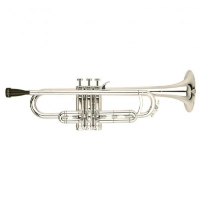 Trompete prateado brilhante com três pistões e bocal preto