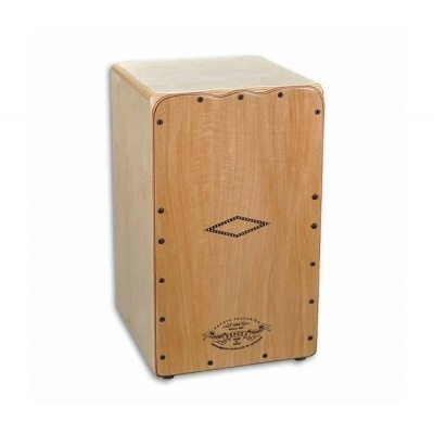 Cajón de madeira clara com decoração geométrica e texto impresso