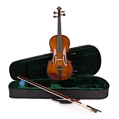 Violino de madeira castanha com estojo aberto e arco