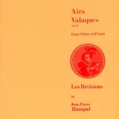 Capa de partitura musical laranja com texto vermelho e ilustração de músico a tocar flauta