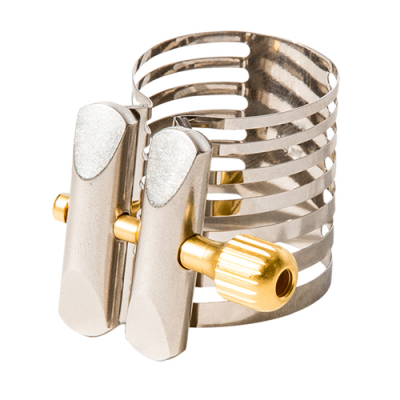 Abraçadeira prateada e dourada para instrumento musical com design em faixas