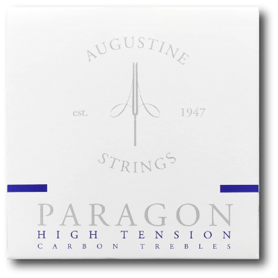Caixa branca com texto AUGUSTINE STRINGS e PARAGON HIGH TENSION CARBON TREBLES.