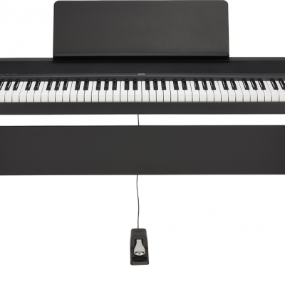 Piano digital preto com 88 teclas, suporte de madeira e pedal de sustain