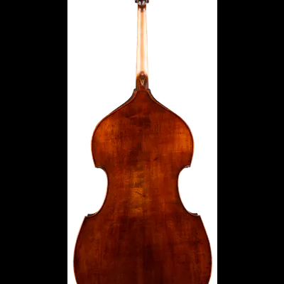 Parte de trás de contrabaixo em madeira castanho-avermelhada lustrosa