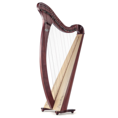 Arpa em madeira com acabamento castanho escuro e cordas metálicas
