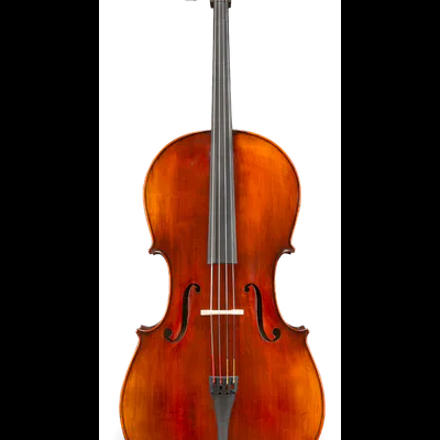 Violoncelo de madeira castanho brilhante com cordas e cravelhas pretas