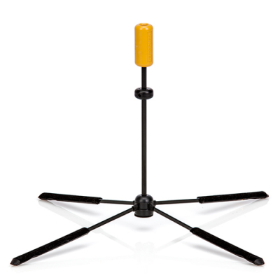 Suporte de guitarra metálico com base de quatro pernas pretas e suporte amarelo