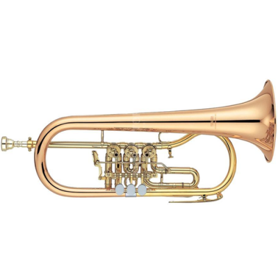 Instrumento de metal dourado com válvulas, em fundo branco