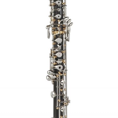 Clarinete preto com peças metálicas prateadas e douradas