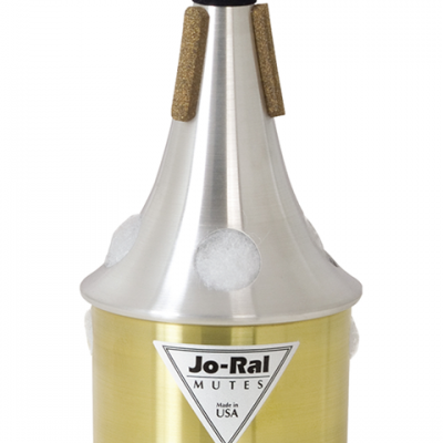 Surdina para trompete Jo-Ral Mutes prateada e dourada com cortiça e etiqueta triangular