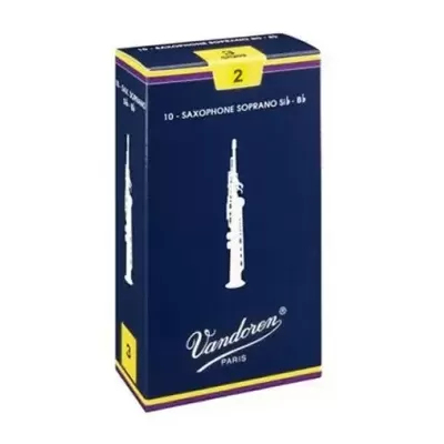 Embalagem de palhetas para saxofone Vandoren azul escura com detalhes amarelos e roxos