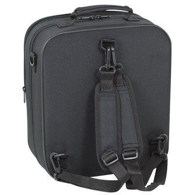 Mala de transporte quadrada preta com alças de ombro ajustáveis.