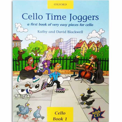 Capa de livro educativo para violoncelo com ilustrações coloridas e texto em inglês