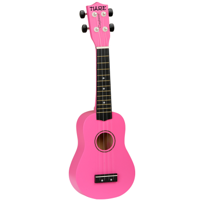 Ukulele cor-de-rosa com detalhes pretos e texto TIARE