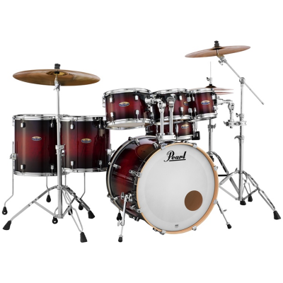 Bateria acústica Pearl em vermelho e preto com vários tambores e pratos