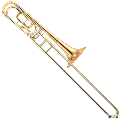 Trombão metálico dourado e prateado sobre fundo branco