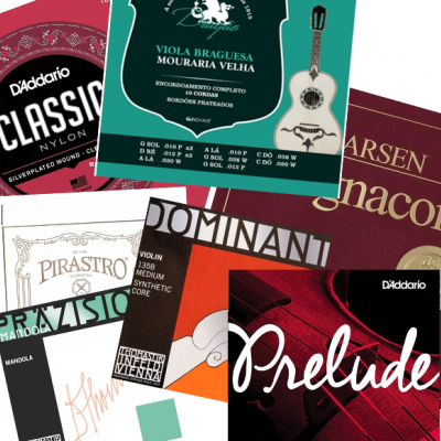 Embalagens de cordas para instrumentos musicais de diversas marcas e estilos coloridos