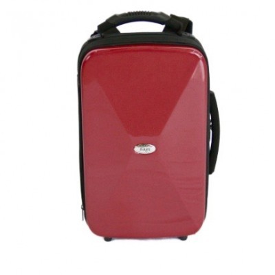 Mala de viagem rígida vermelha com bordas pretas e pega preta