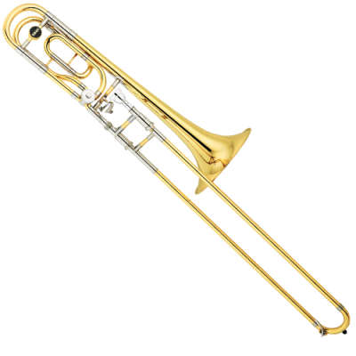 Trombón bicolor dorado y plateado sobre fondo blanco