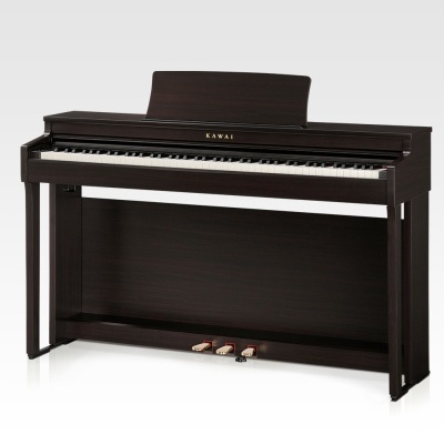 Piano digital Kawai com madeira escura e três pedais