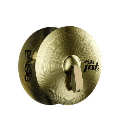Prato de bateria dourado com texto Paiste e PSX 3