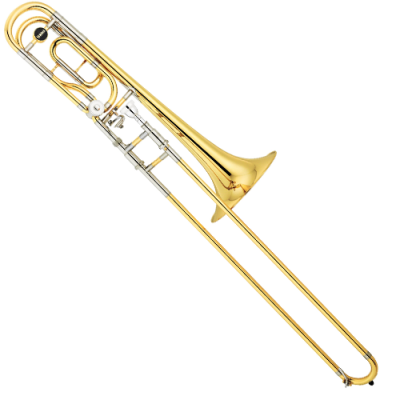 Trombone dourado e prateado com acabamento brilhante