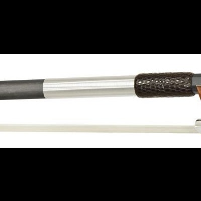 Arco de violino com cabeça em madeira castanha e vara preta