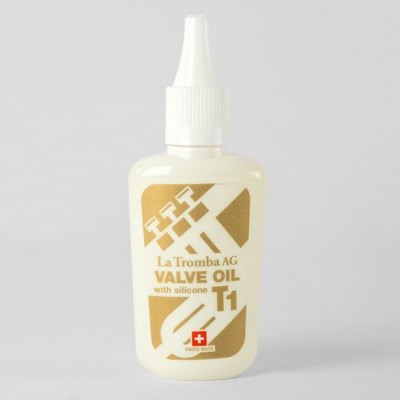 frasco branco de óleo para válvula La Tromba AG com rótulo bege e branco