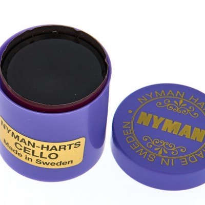 Estojo roxo para resina de violoncelo com texto amarelo