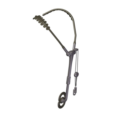 Ferramenta metálica cinza escuro com alças curvas e cordão pendurado