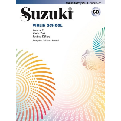 Capa de livro Suzuki Violin School Volume 2 com CD e padrões circulares coloridos
