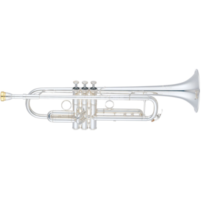 Trompete cromado brilhante com válvulas e detalhes dourados