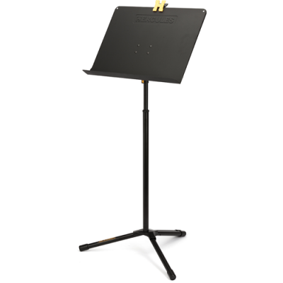 Suporte de música metálico preto com base tripé e clip amarelo