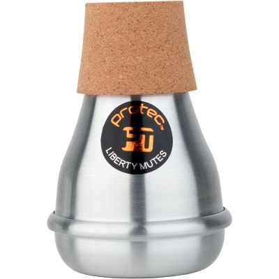 Sordina de metal prateado com rolha de cortiça e etiqueta preta laranja e branco