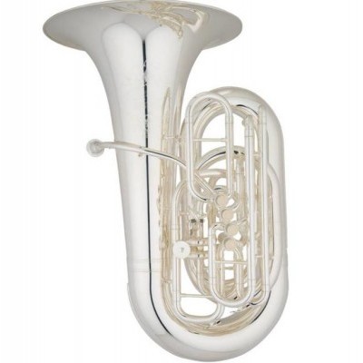Tuba em metal prateado com acabamento brilhante em fundo branco.