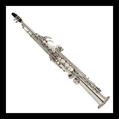 Saxofone soprano prateado com bocal preto